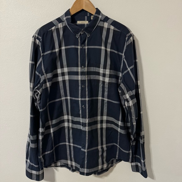 Burberry Brit Nelson Check Long Sleeve Sport Button Down Shirt Navy Trim Fit-XXL - Picture 2 of 12